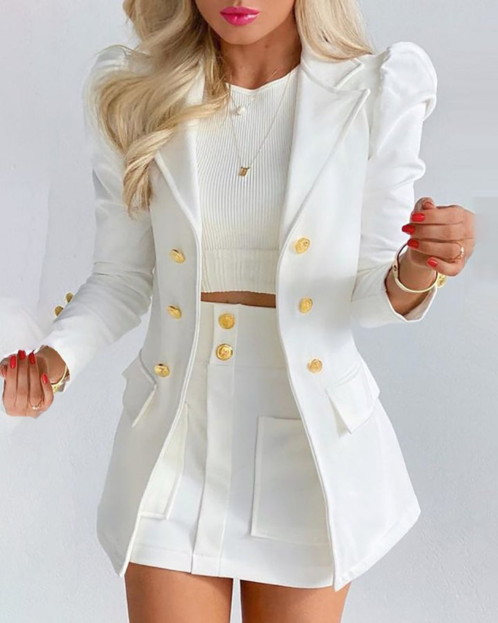 Damen Zweiteiliges karriertes Blazer- und Minirock-Set mit betonten Puffärmeln und goldenen Knöpfen – Valéne