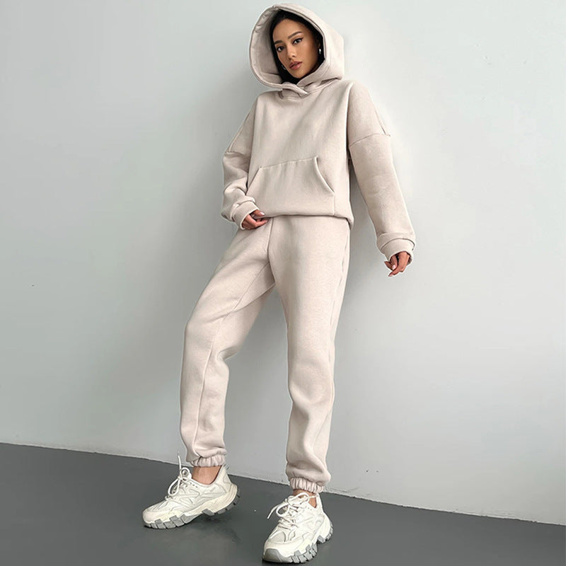 Damen nan zweiteiliges Komfort-Loungewear-Set mit oversized Kapuzenpullover, Kängurutasche und elastischem Knöchel-Jogger aus French Terry Echo Archiv
