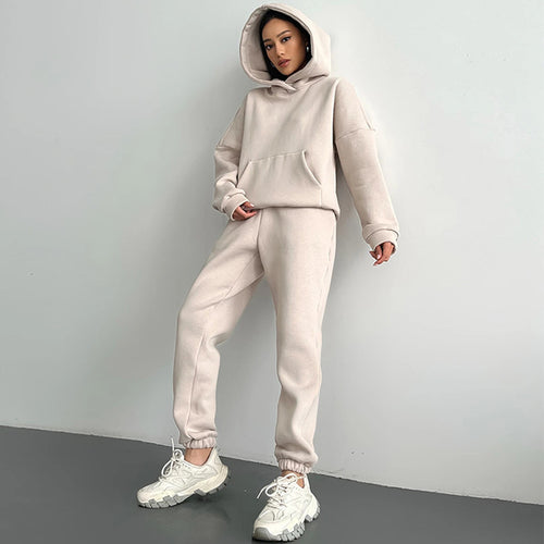 Damen nan zweiteiliges Komfort-Loungewear-Set mit oversized Kapuzenpullover, Kängurutasche und elastischem Knöchel-Jogger aus French Terry Echo Archiv