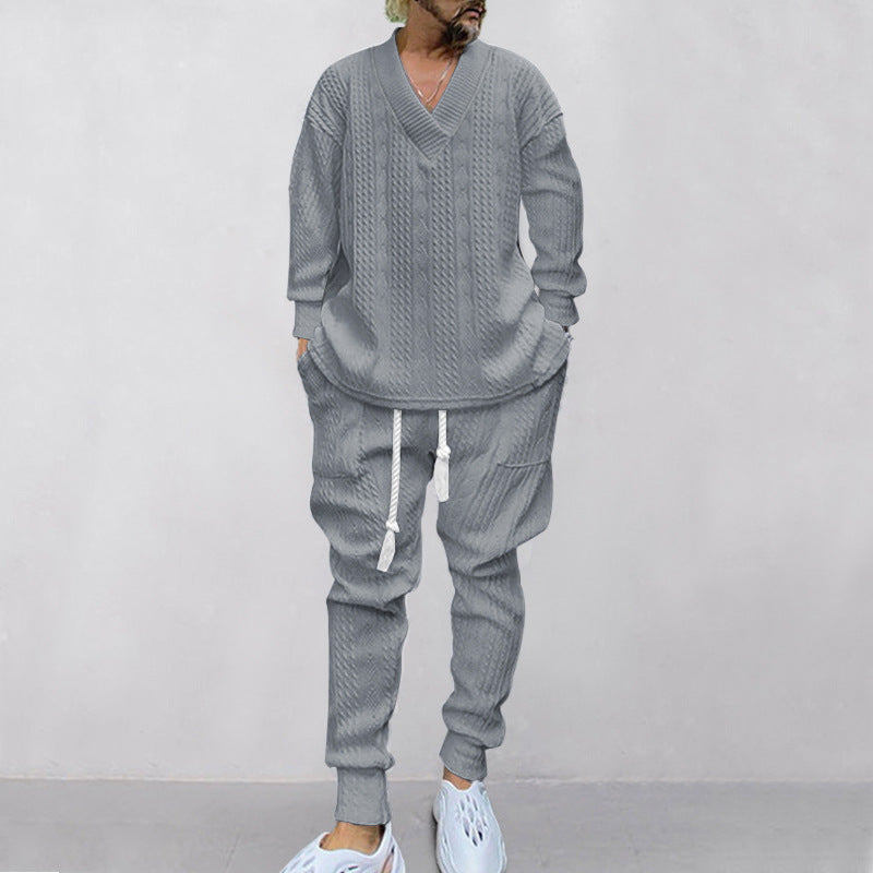 Herren Relaxed Fit Strickanzug mit V-Ausschnitt und elastischem Bund Echoarchiv