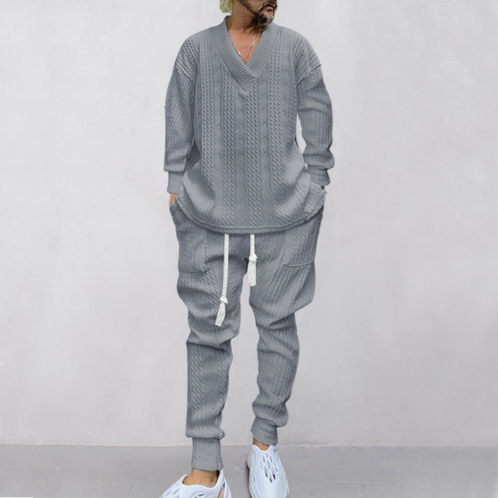 Herren Relaxed Fit Strickanzug mit V-Ausschnitt und elastischem Bund Echoarchiv