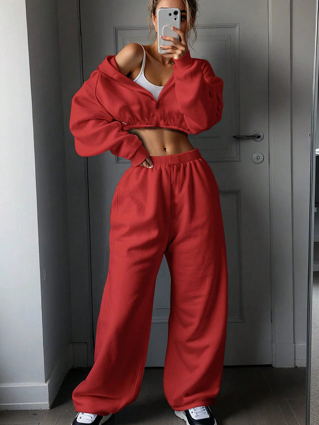 Damen nan kurzes Zip-Hoodie Cropped Sweatshirt mit Kordelzug, angesetzten Ballonärmeln und elastischem Saum Echo Archiv