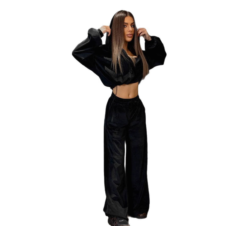 Damen luxuriöses Velours-Cropped-Hoodie und High-Waist Weite Jogginghose Set – Auréline