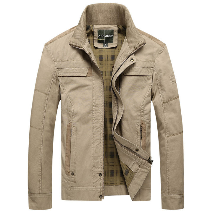 Herren Canvas-Übergangsjacke mit Rippenkragen, verdecktem Reißverschluss und kariertem Innenfutter – Taviero