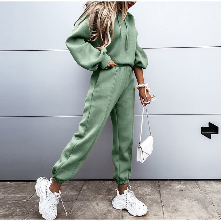 Damen kuscheliges Lounge-Zweiteiler-Set mit oversized Kapuzenpullover, Balloon-Ärmeln und taillierter Jogginghose – Auréline