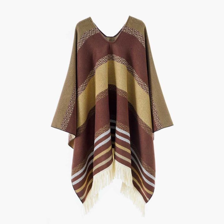 Damen Oversize Poncho-Cape mit V-Ausschnitt und Fransensaum – Avérine
