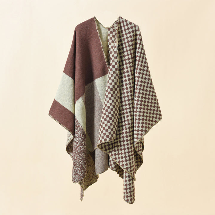 Damen Wendbarer Karomuster-Capeponcho aus Wollmix mit kastigem Oversize-Fall Echo Archiv