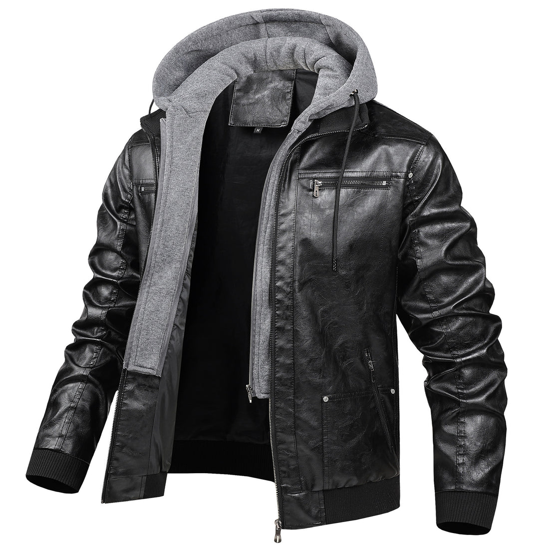 Herren Modische Kunstlederjacke mit abnehmbarer Kapuze Echo Archiv