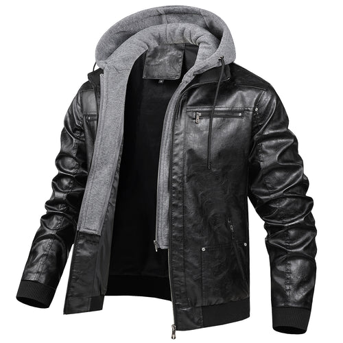 Herren Modische Kunstlederjacke mit abnehmbarer Kapuze Echo Archiv