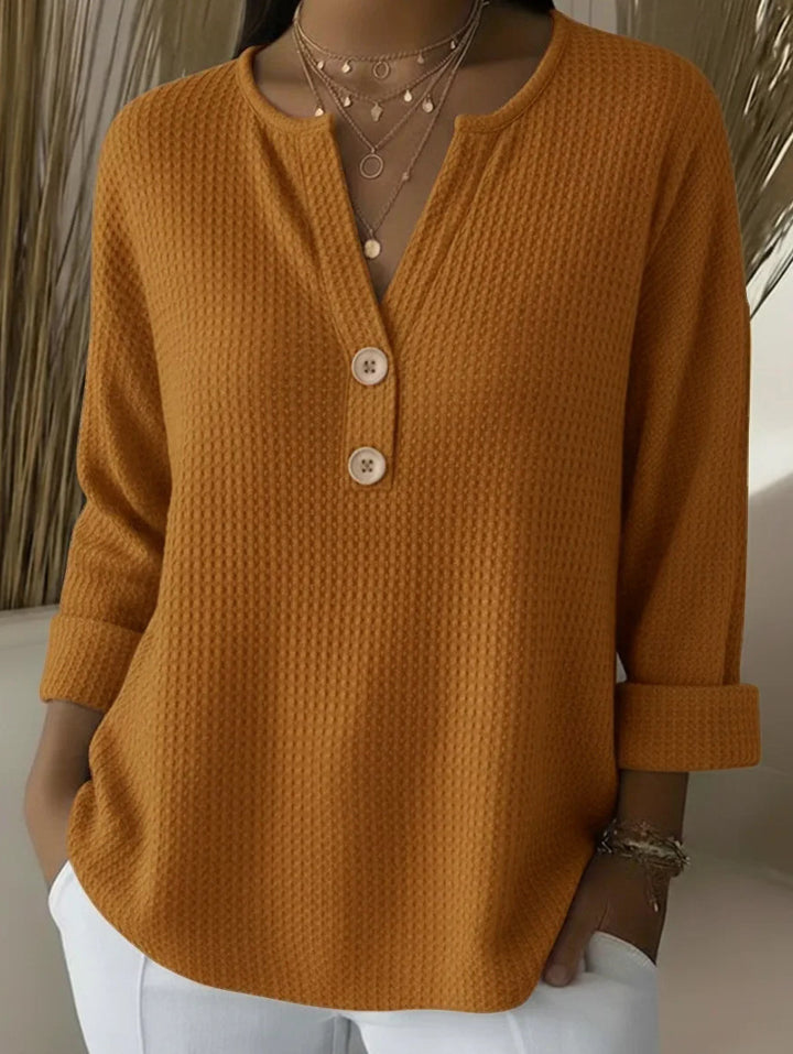 Damen Waffelstruktur Henley-Shirt mit V-Ausschnitt kurze Knopfleiste und krempelbaren 3/4-Ärmeln – Avérine