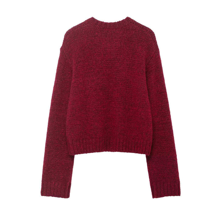 Damen nan kurzgeschnittener Grobstrick-Pullover mit Hundemotiv, Rundhalsausschnitt und elastischem Rippbund Echo Archiv