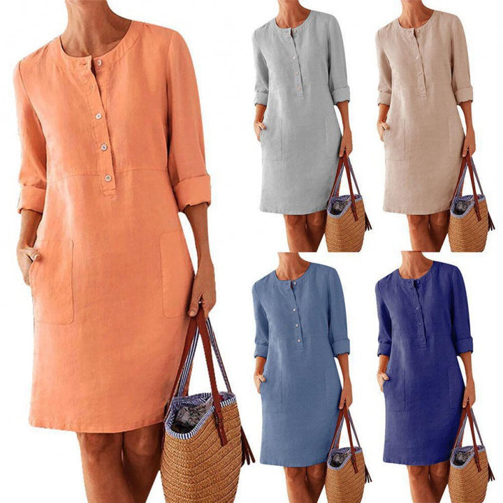 Damen Locker geschnittenes Leinenoptik-Kleid mit dreiviertel-Ärmeln, Knopfleiste und Eingrifftaschen Echo Archiv