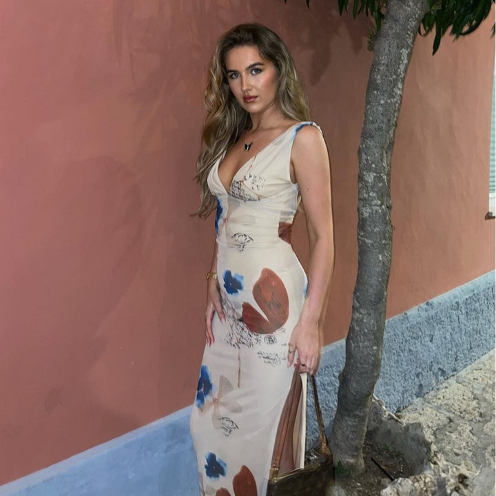 Damen Maxikleid mit tiefem V-Ausschnitt und floralem Design Echo Archiv