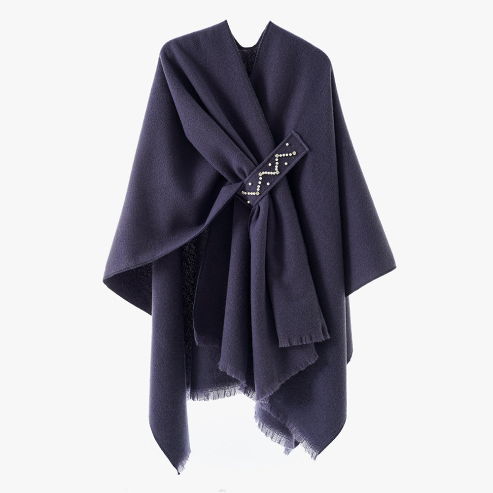 Damen Eleganter Wickel-Umhang aus Wollmischung mit Taillenschärpe und Fransensaum – Avérine
