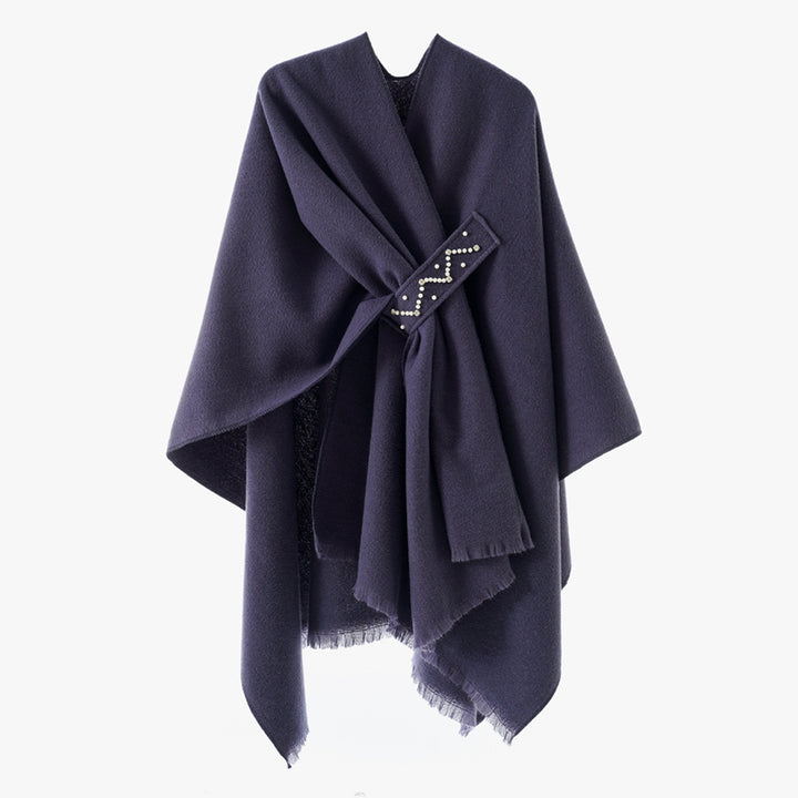 Damen Eleganter Wickel-Umhang aus Wollmischung mit Taillenschärpe und Fransensaum – Avérine
