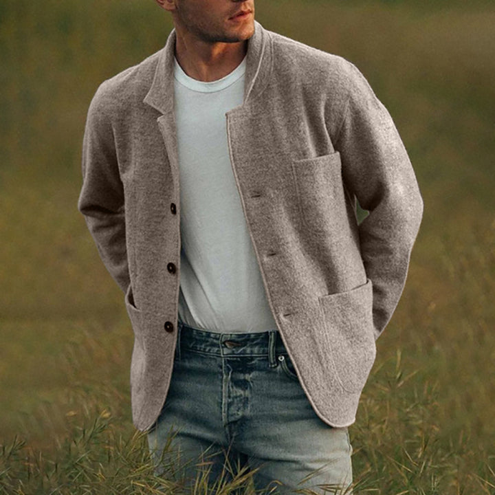 Herren Unstrukturierter Wollmix-Cardigan-Blazer mit Knopfleiste und aufgesetzten Taschen – Tianoro