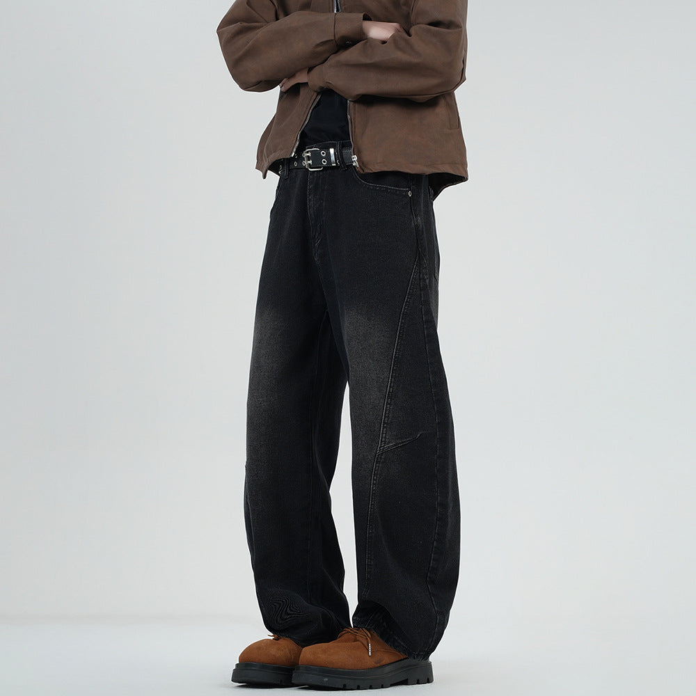 Herren Weite Stonewashed-Paneel-Denimhose mit tiefem Schritt und markanten Ziernähten Echo Archiv