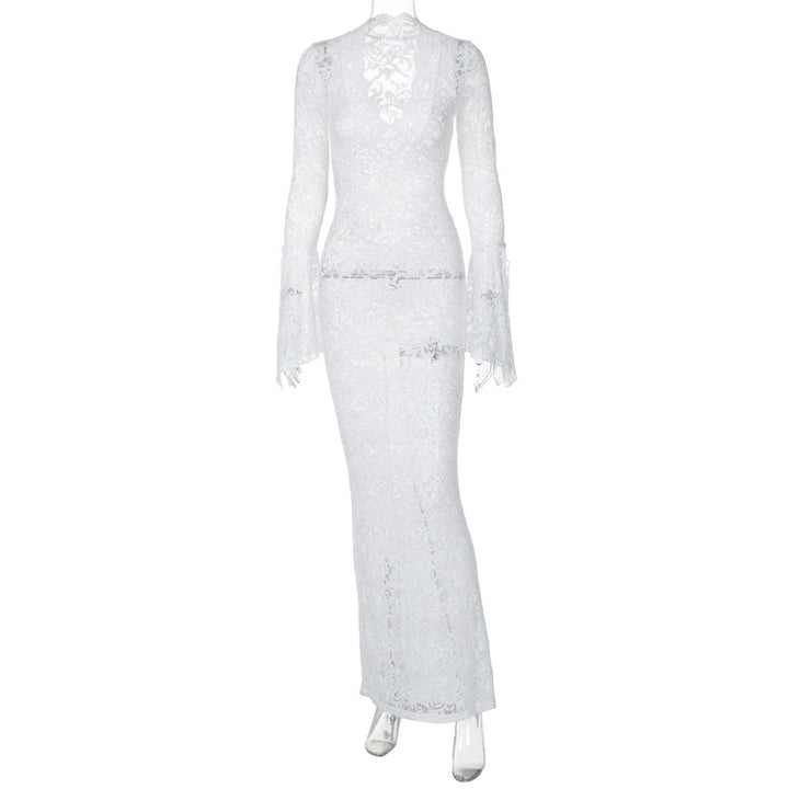 Damen Figurbetontes Spitzenkleid mit tiefem V-Ausschnitt und nostalgischen Puffärmeln Echo Archiv