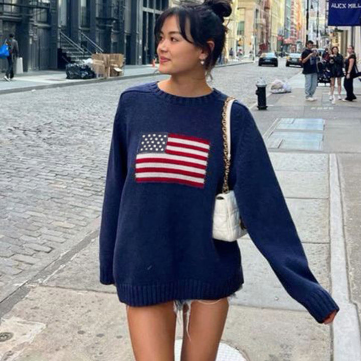 Damen Kuscheliger Baumwollmix-Strickpullover mit Rundhals und eingestrickter Flaggenapplikation Echo Archiv