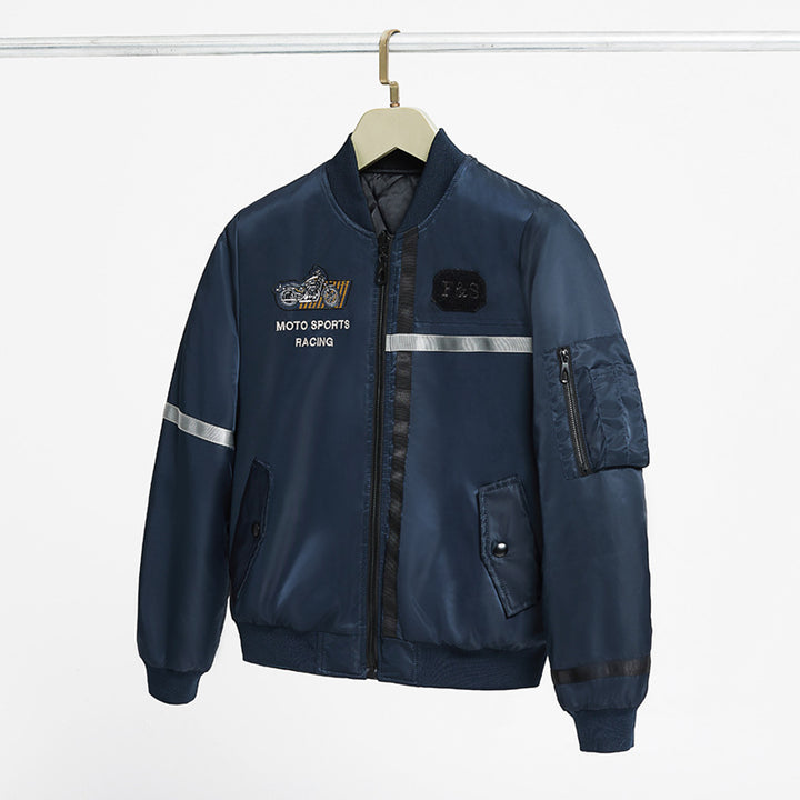 Men's motorcycle-inspired reflective pilot bomber jacket with embroidered racing badge – Brevano
