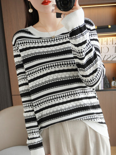 Damen Leichter Rundhals-Feinstrickpullover mit geometrischem Ajourstreifenmuster Echoarchiv