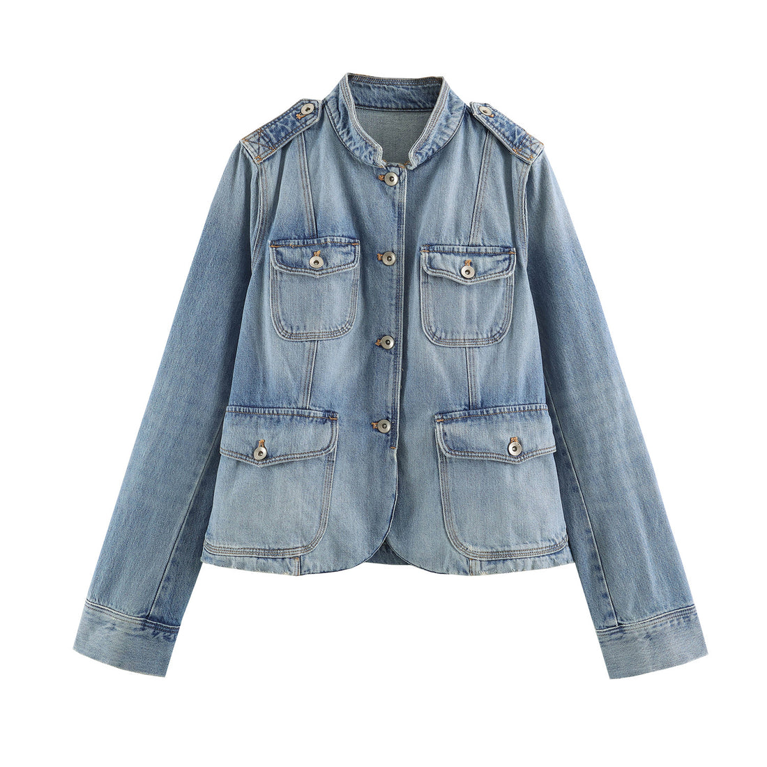 Damen leichte Denimjacke mit Stehkragen Schulterklappen und vier Pattentaschen – Denévia
