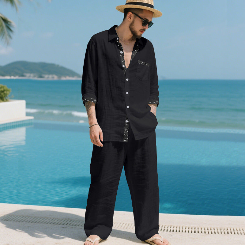 Herren Leinenoptik-Loungewear-Set mit Kordelzughose und offenem Hemdjacke – Averon