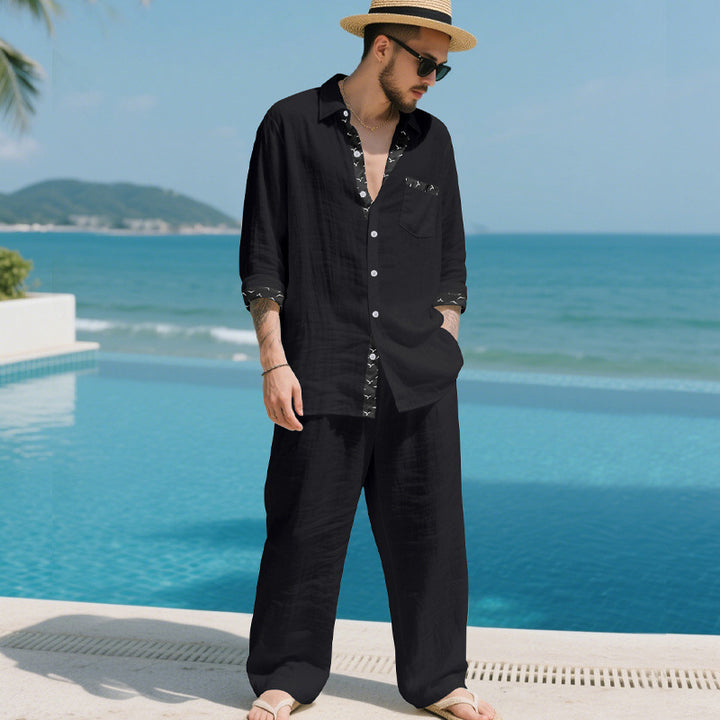 Herren Leinenoptik-Loungewear-Set mit Kordelzughose und offenem Hemdjacke – Averon