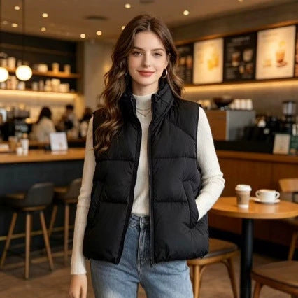 Damen kurzer wattierter Pufferjacke mit hohem Stehkragen und praktischen Eingrifftaschen – Célinea