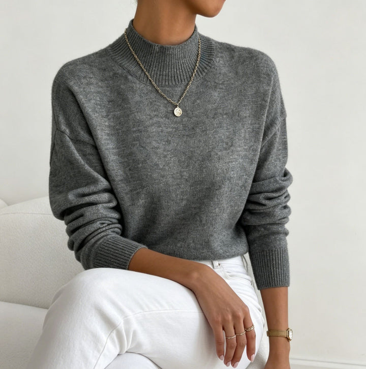 Damen kuscheliger Feinstrickpullover mit Stehkragen und überschnittener Schulter – Mavelle