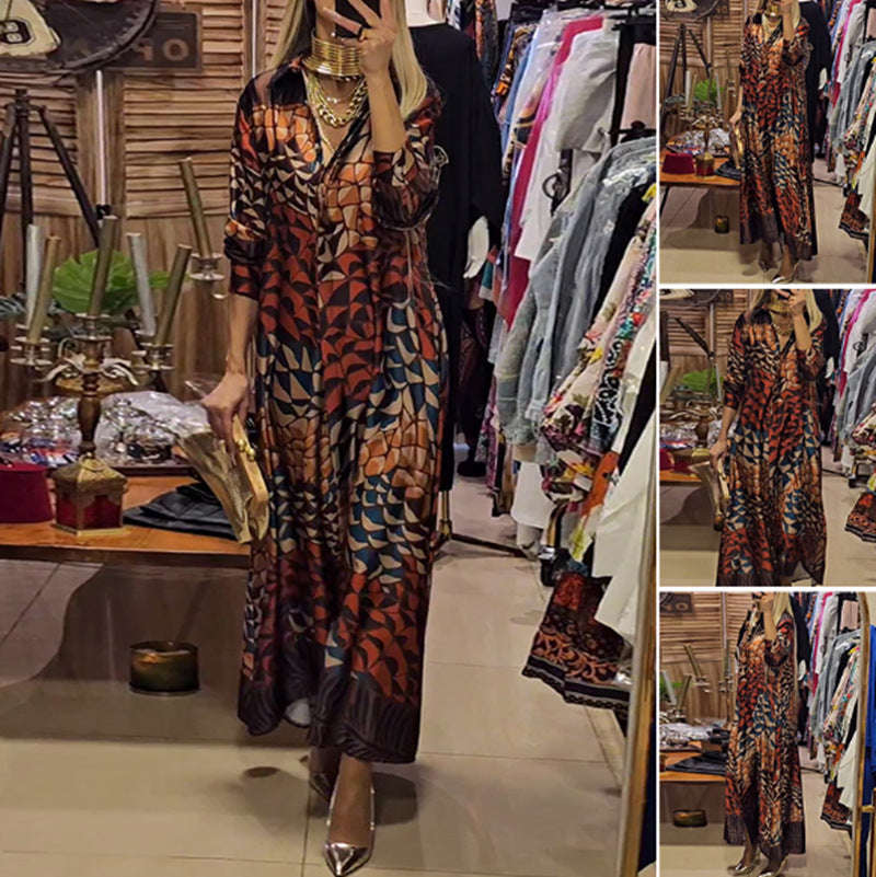 Damen nan fließendes Satin-Hemdkleid mit Hemdkragen, geometrischem Mosaikprint und legerer Maxilänge Echo Archiv