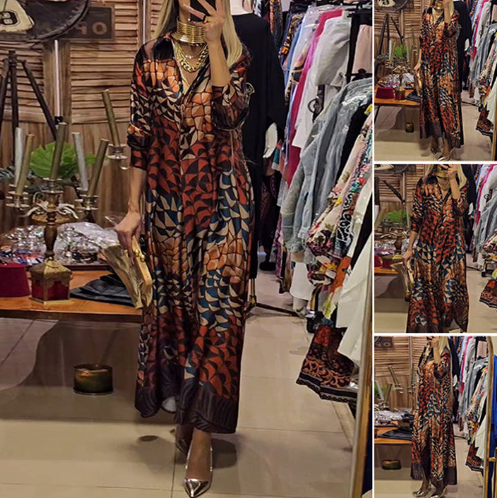 Damen nan fließendes Satin-Hemdkleid mit Hemdkragen, geometrischem Mosaikprint und legerer Maxilänge Echo Archiv