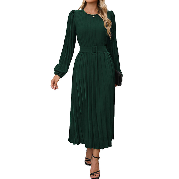 Damen Plissiertes Midikleid mit Taillengürtel, Puffärmeln und Rundhalsausschnitt – Élara