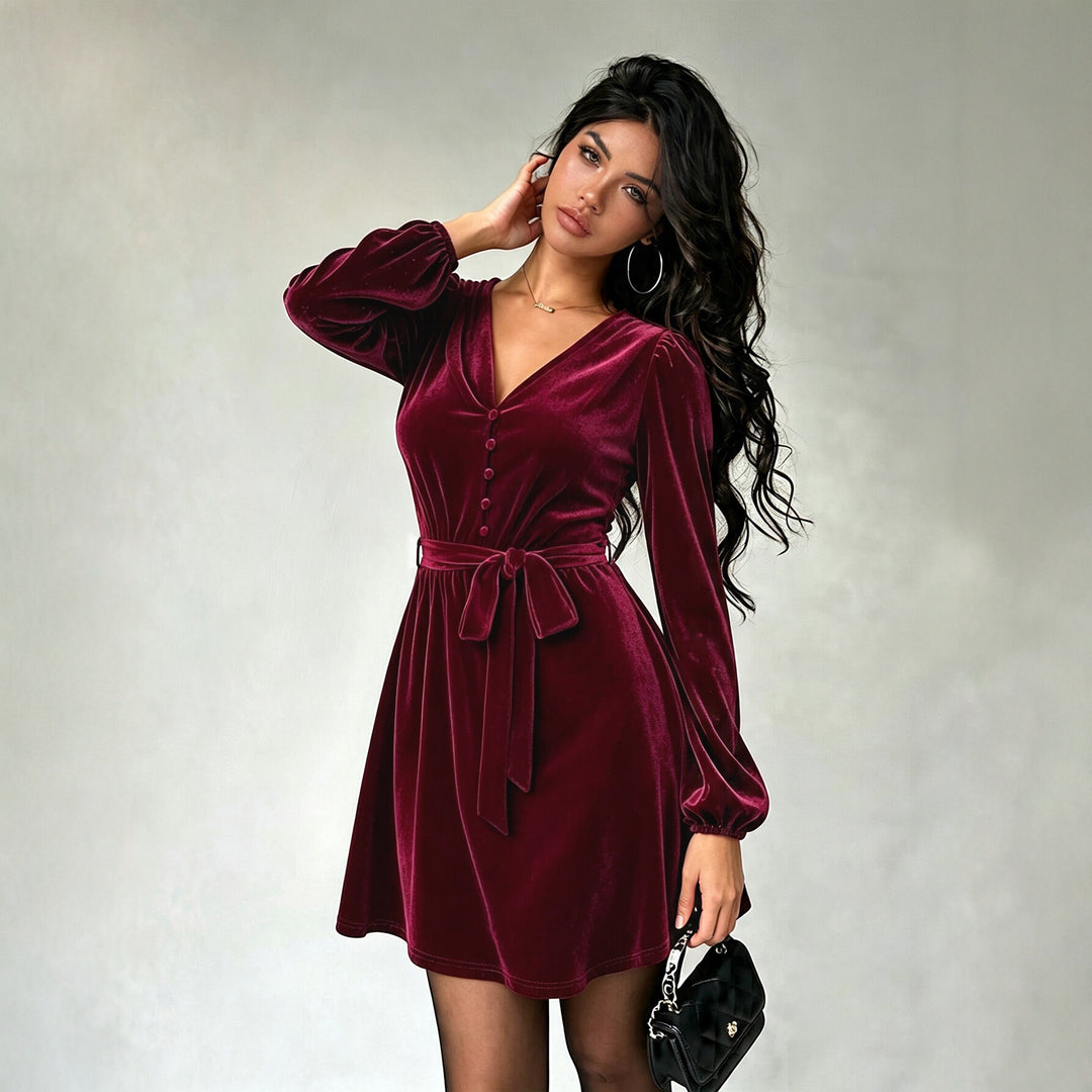 Damen elegantes Samt-Minikleid mit V-Ausschnitt Knopfleiste Ballonärmeln und Taillengürtel – Élara