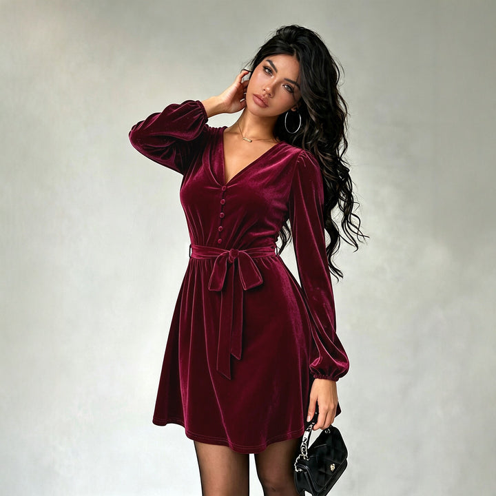 Damen elegantes Samt-Minikleid mit V-Ausschnitt Knopfleiste Ballonärmeln und Taillengürtel – Élara