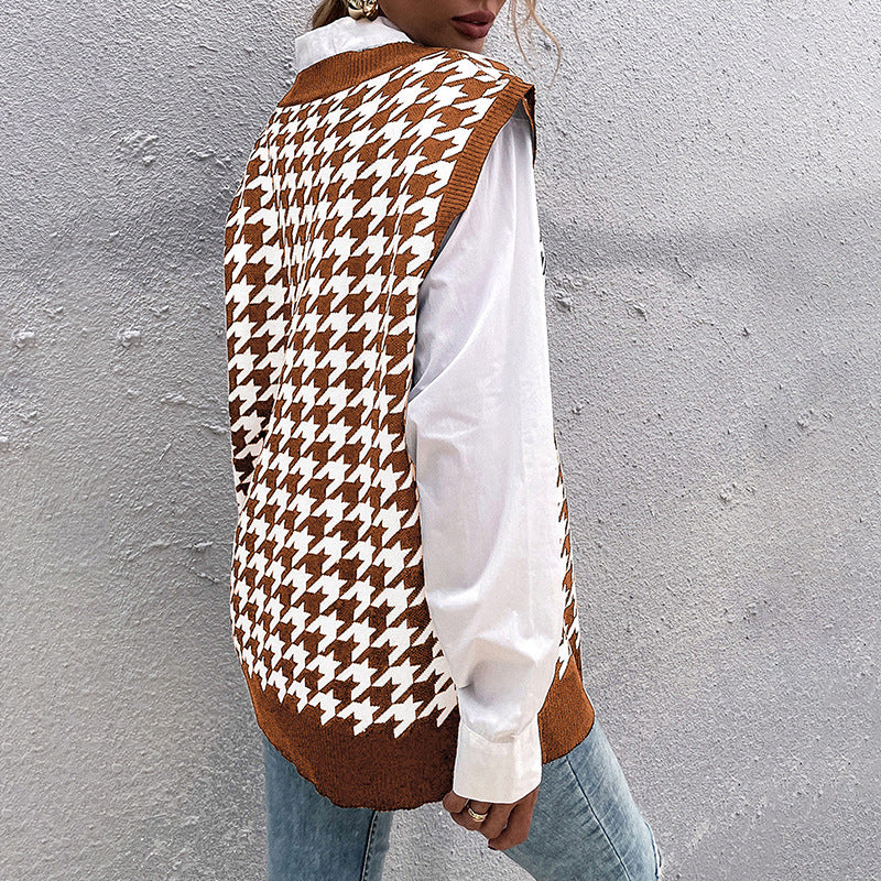Damen Oversize Strickweste mit Hahnentritt‑Muster und tiefem V‑Ausschnitt Echoarchiv
