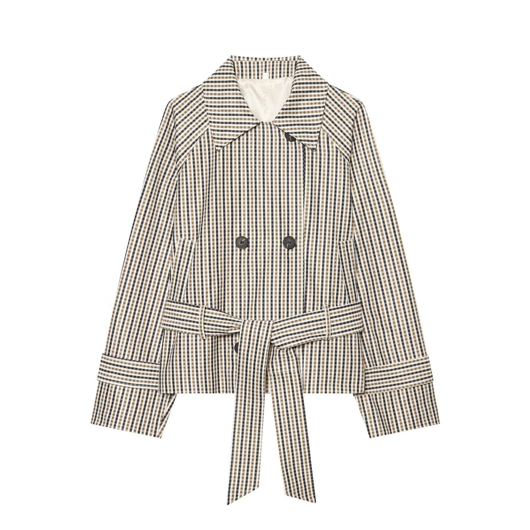 Damen Kurze taillierte Doppelreihige Trenchjacke mit Karo‑Muster und Bindegürtel Echoarchiv