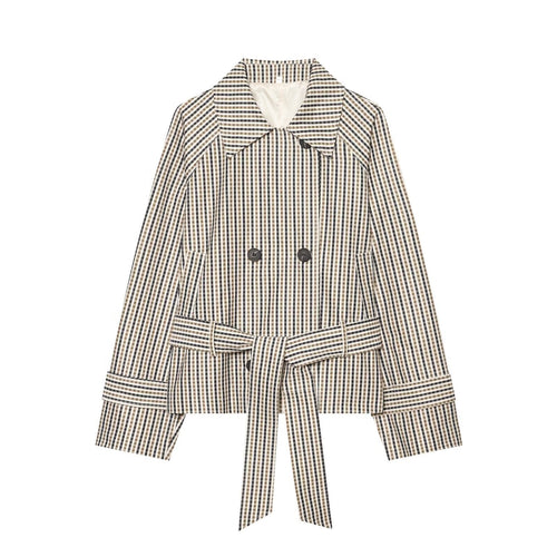 Damen Kurze taillierte Doppelreihige Trenchjacke mit Karo‑Muster und Bindegürtel Echoarchiv