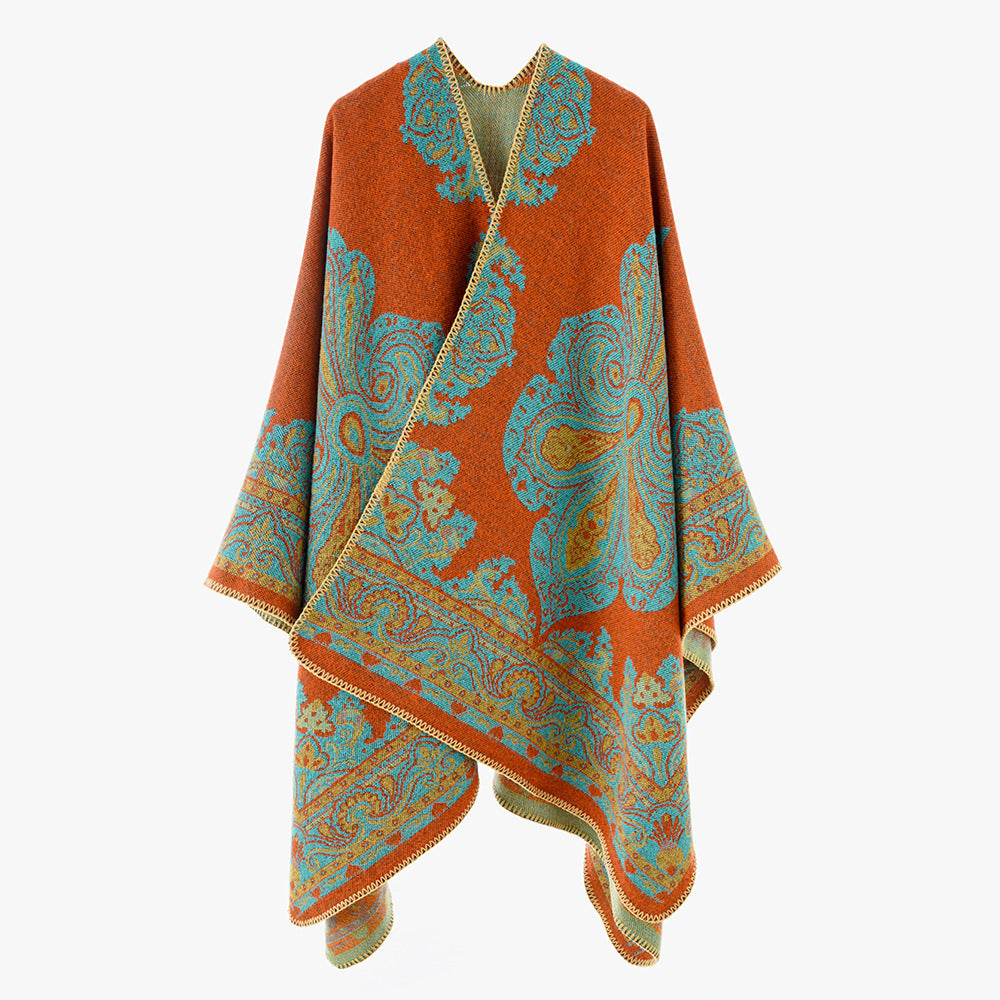 Damen Oversize-Orientalischer Jacquard-Überwurf mit Paisley‑Medaillon und Zierstich – Avérine
