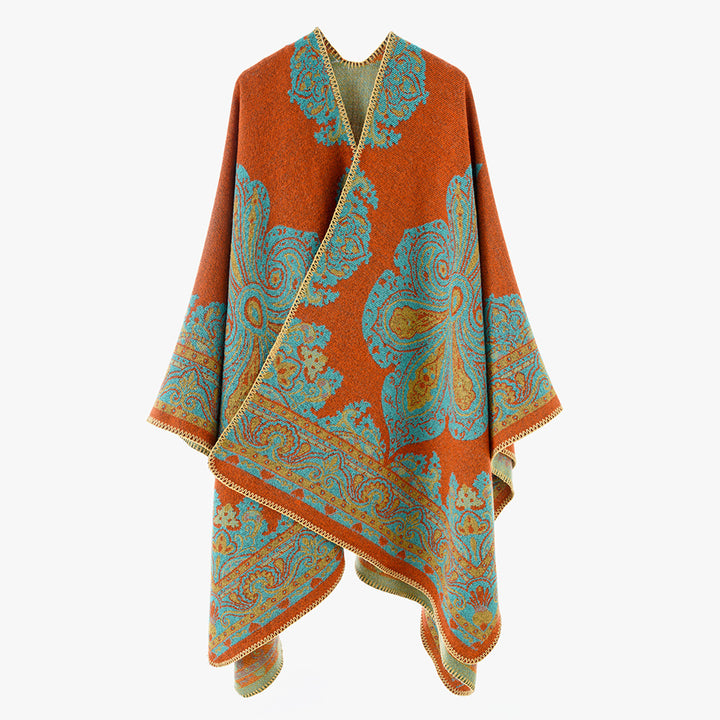Damen Oversize-Orientalischer Jacquard-Überwurf mit Paisley‑Medaillon und Zierstich – Avérine