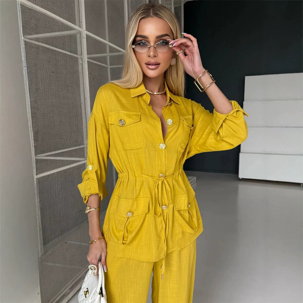 Damen Leinenoptik Utility-Hemdjacke mit Tunnelzugtaillierung und goldenen Zierknöpfen Echoarchiv