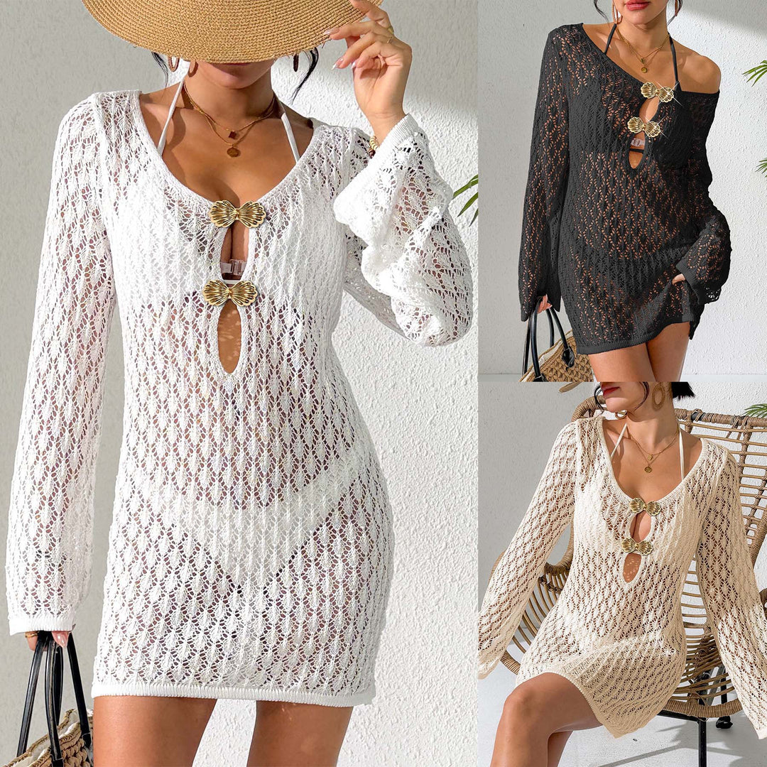 Damen Häkel-Strandkleid mit tiefem V-Ausschnitt und eleganten Knöpfen Echo Archiv