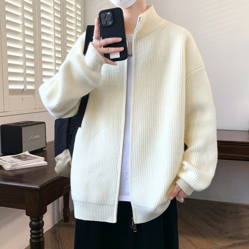 Herren Oversized Strick‑Zipjacke mit hohem Stehkragen und feiner Rippstruktur Echoarchiv