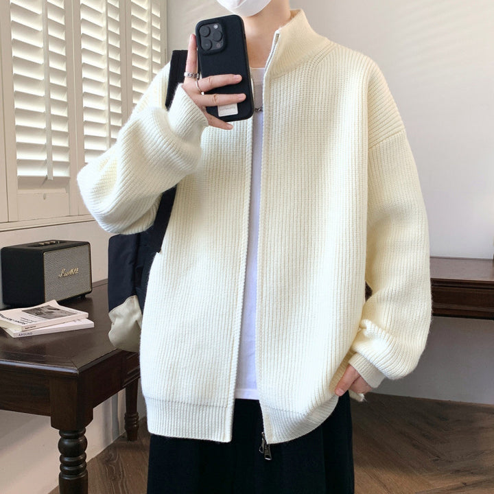 Herren Oversized Strick‑Zipjacke mit hohem Stehkragen und feiner Rippstruktur Echoarchiv