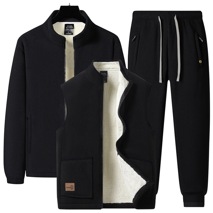 Herren dreiteiliges Fleece-Set mit wattierter Weste, Stehkragenjacke und Jogginghose – Marzano