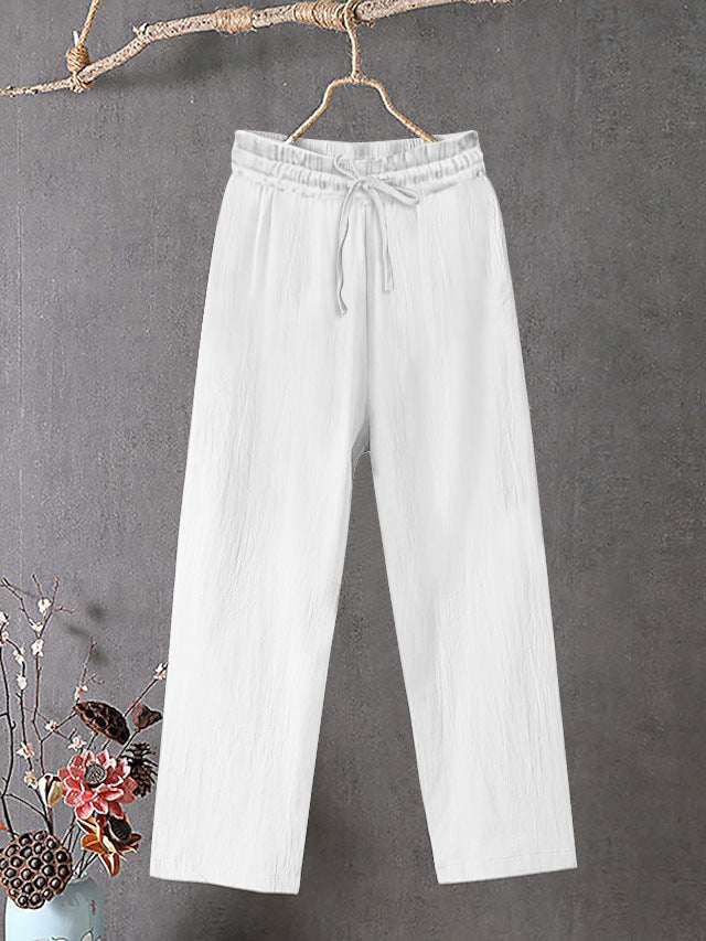 Damen Crinkle Leinenmischung Hose mit elastischem Kordelzug, gerade Beinform und lässiger Passform – Avélisse