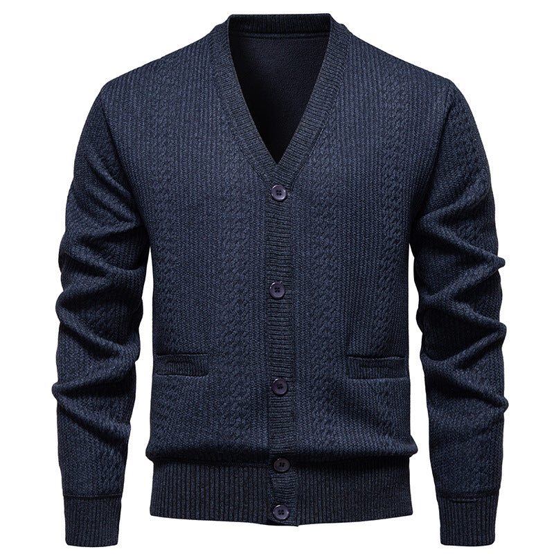 Herren Texturierter V-Ausschnitt Strickcardigan mit Knopfleiste und Eingrifftaschen Echo Archiv