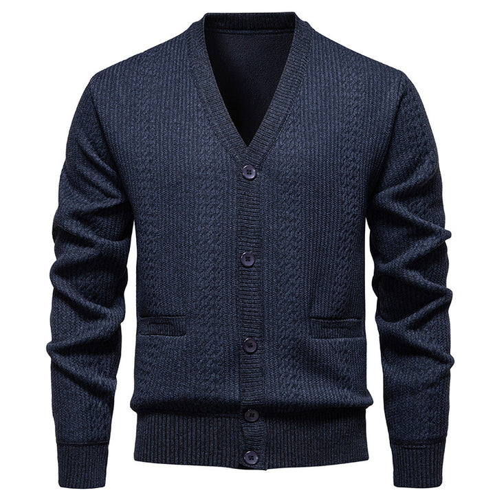 Herren Texturierter V-Ausschnitt Strickcardigan mit Knopfleiste und Eingrifftaschen Echo Archiv