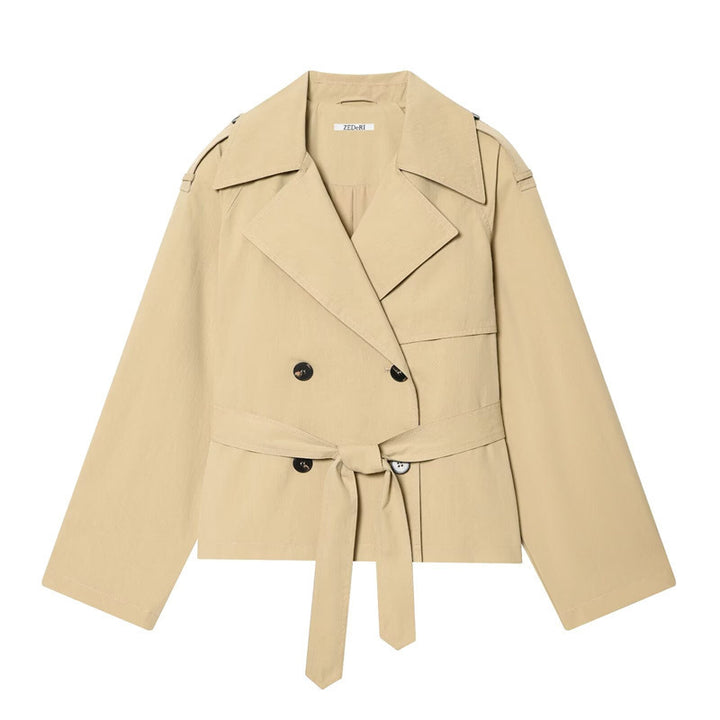 Damen Cropped doppeltreihiger Trenchblazer mit Bindegürtel und Epauletten Echo Archiv