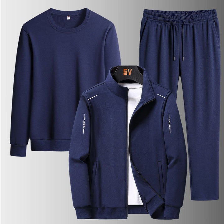 Herren Dreiteiliges Freizeit-Trainingsset aus French-Terry mit Kapuzenjacke, Rundhals-Sweat & tapered Jogginghose Echoarchiv